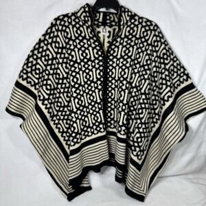 Ann Klein‎ Womens Full Zip Poncho Sweater Black Cream Geometric Size Large
